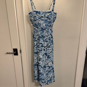 Blue Floral Maxi Dress with Smocked Bodice and Adjustable Straps
